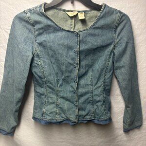 J. Jill Blue Denim Jean Jacket Button Up Ruffle Accents Sz 6